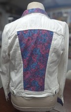 Upcycled hand decorated white Denim jacket with pink/blue/purple print, size 8