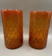 2 Vintage Hand Blown Orange Glass Dragon Scale Tumblers Bubbles Pontil, 16 oz