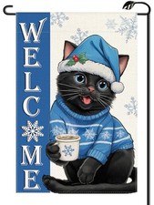 Winter Black Cat Garden Flag 12x18 Inch Vertical Double Sided Seasonal