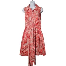 Talbots Petites 12P Red White Palm Leaf Shirt Dress Tie Waist Pockets Cotton