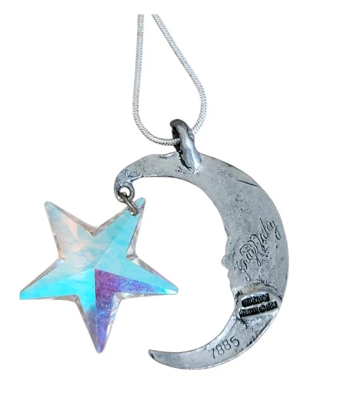 Редкий винтажный полумесяц лицо большой кристалл AB звезда надпись олова ожерелье - Изображение 4 из 4