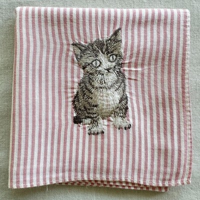 VTG Handkerchief Cotton Pink Vertical Striped & Kitten Cat Embroidered Hanky 17