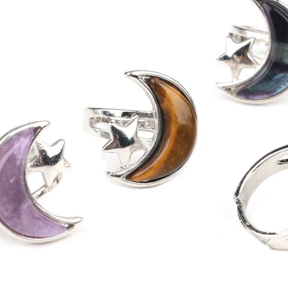 Open Crescent Moon Star Adjustable Ring Gemstone Finger Rings Party Jewelry Gift - Image 3 of 4