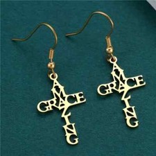 Gold Plated Stainless Steel Amazing Grace Cross Earrings Christian Jewelry