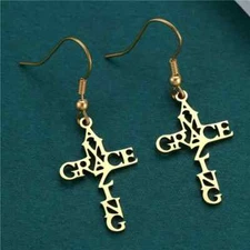 Stainless Steel Amazing Grace Cross Earrings - Gold, Christian Faith, Church