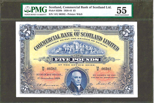 SCOTLAND 5 POUNDS 1928 ~ COMMERCIAL BANK ~ PS-328 ~ PMG ABOUT UNCIRCULATED 55