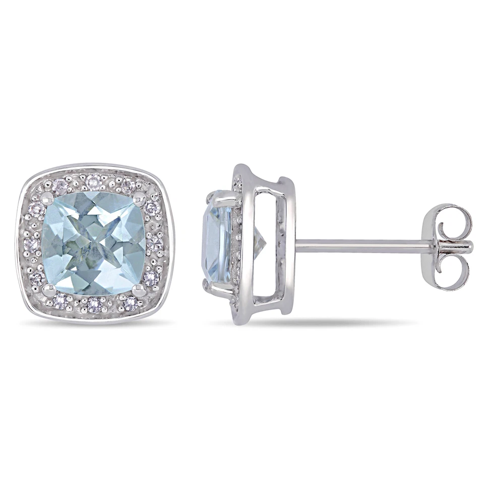 Amour 10k White Gold Aquamarine & 1/10 CT TW Diamond Halo Earrings
