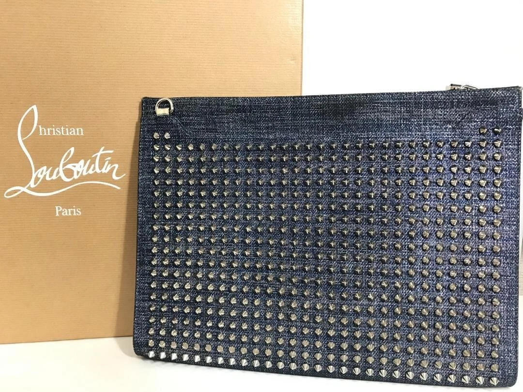 Christian Louboutin Skypouch Black Leather Clutch Bag Denim Limited Edition  YR