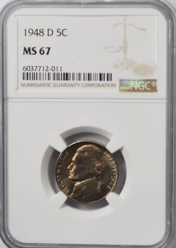 1948 D 5c Jefferson Nickel Five Cents NGC MS67 BU Denver 