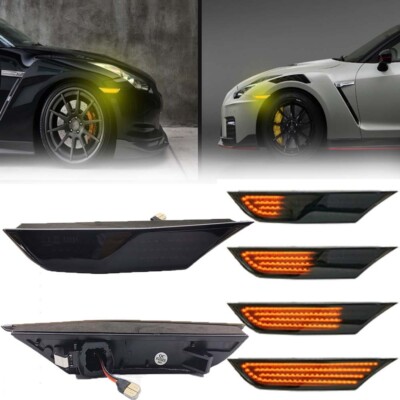 08-22 For Nissan GT-R R35 Dynamic LED Side Front Fender Marker Light Smoked 2pc