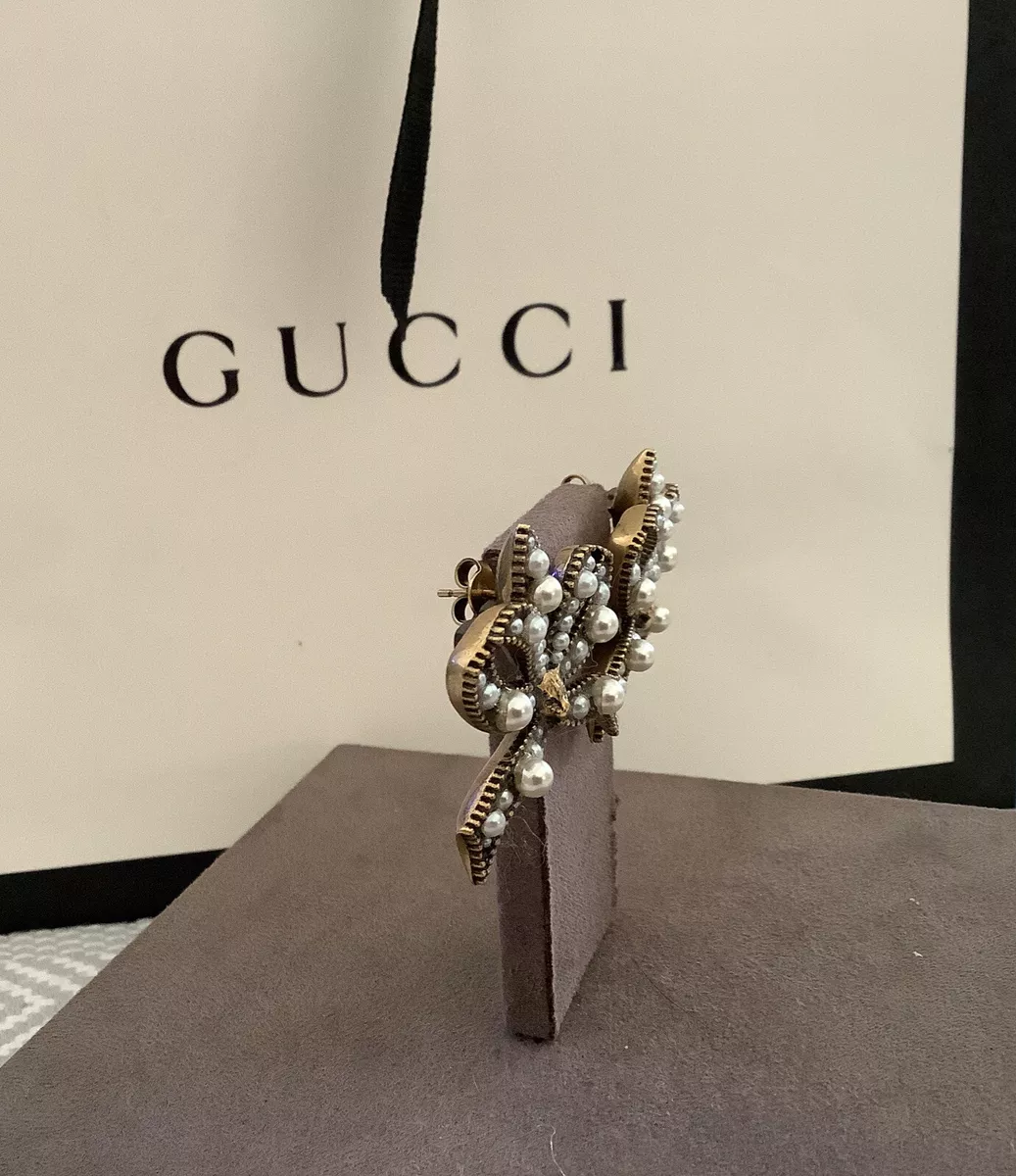 GUCCI FELINE AND FAUX PEARL BOW EARRINGS AUTHENTIC RETIRED