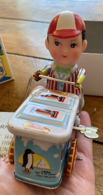Vintage Tin Toy Clockwork Wind Up Ice Cream Cart Boy Vendor Pedal