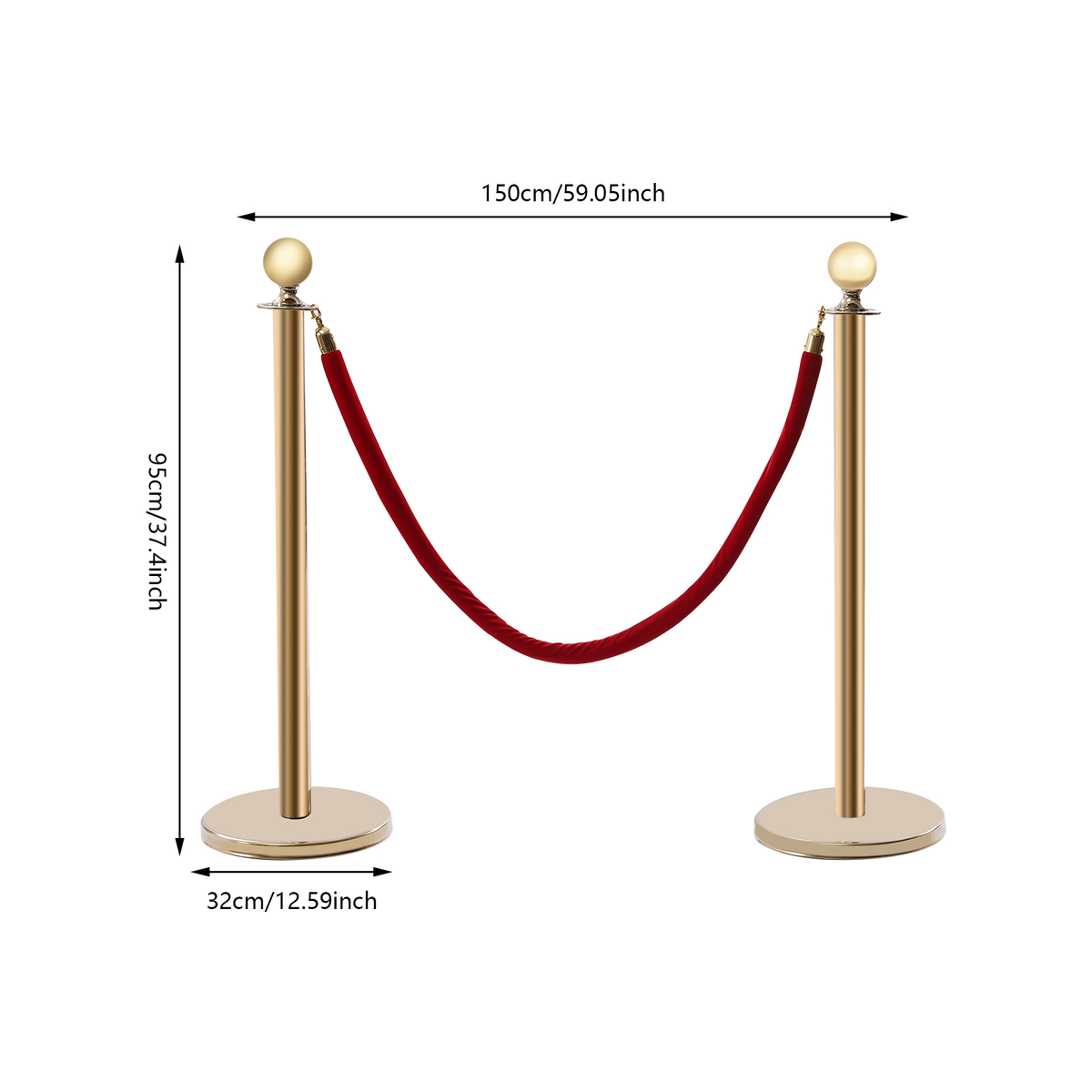 6 Pcs Red Velvet Rope +Gold Stanchion Post Set Crowd Control Queue