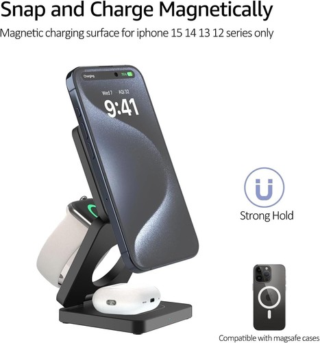 Wireless Charger Portable 3 in 1 Charging Station Apple Watch iPhone Charger Sta - Zdjęcie 10 z 14