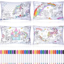 4 Pcs Unicorn Coloring Pillowcase with 12 Pcs Markers Color Your Own Pillowca...