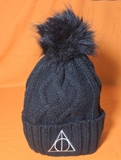 Harry Potter Deathly Hallows Black Pom Pom Beanie Cozy Winter Hat Potterhead