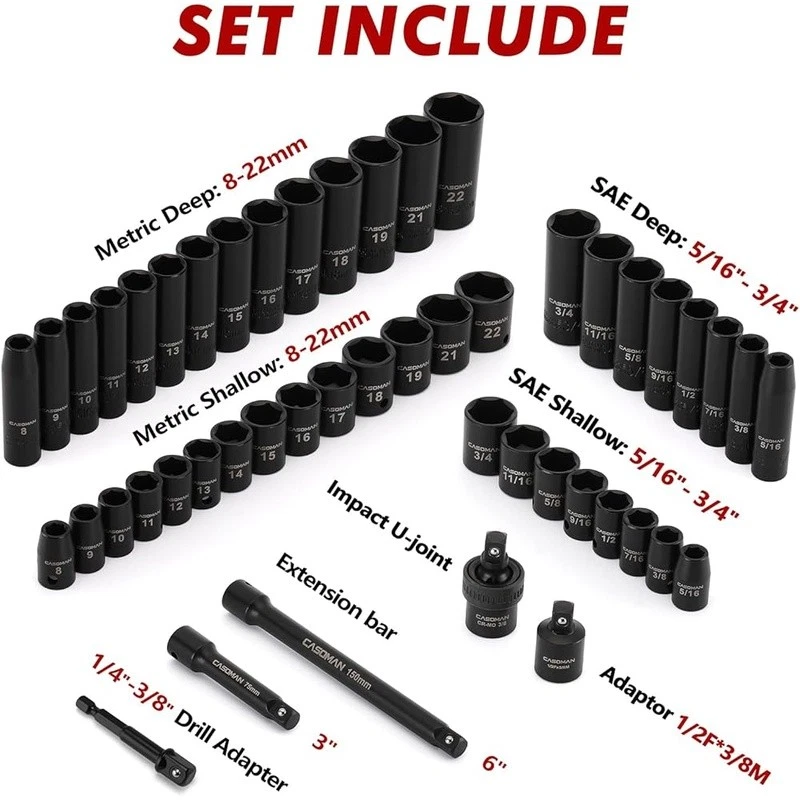 49pc Impact Socket Set Chrome Vanadium Steel Deep Shallow Case Extensions New - Image 4 of 4