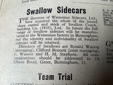 WATSONIAN/SWALLOW SIDECARS PERIOD 1956 MOTORCYCLE ARTICLE