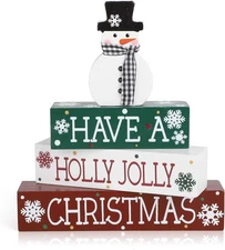 4 Pcs Christmas Decorations Indoor Wooden Snowman Table Sign Decor Large, Red 