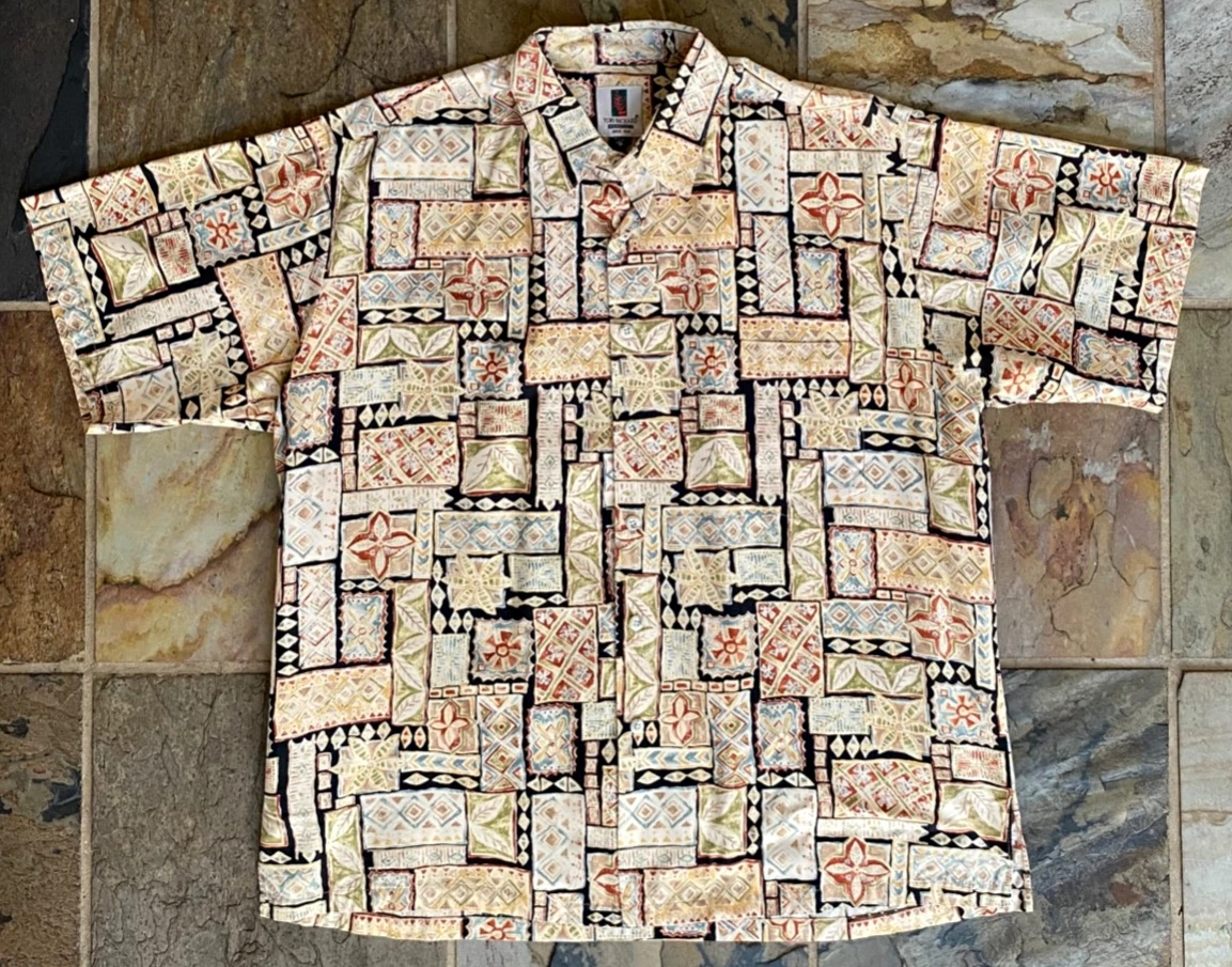 TORI RICHARD Hawaiian Shirt-XL-Button-Floral-Geometric-Tan-USA