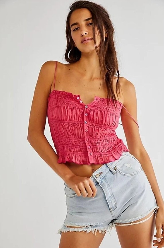 Free People Meridian Corset Top Fp One Pink Buttondwon Smocked Cropped New S
