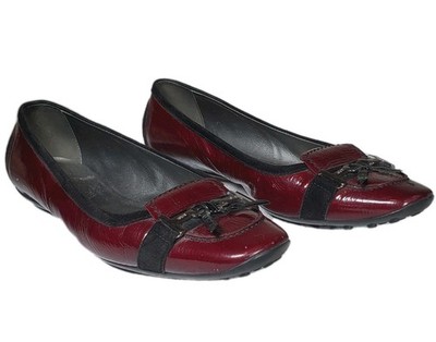 TOD S Burgundy Patent Leather Black Suede Driving Moc Sole Flats Women's US 10