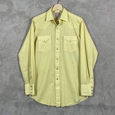 Vtg 70s H Bar C Shirt Mens 22x30 Large Yellow Polyester Pearl Snap Western flaws