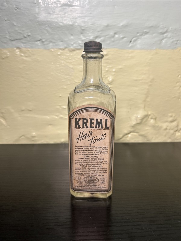 Vintage Kreml Hair Tonic Glass Bottle Original Label! New Canaan, CT