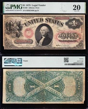 Nice *RARE* VF graded 1875 $1 "FLORAL SEAL" US Legal Tender Note! PMG 20! 21036
