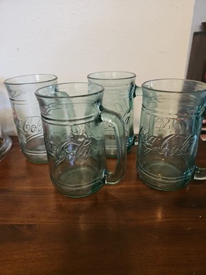 Vintage Coca-Cola Green Heavy Glass Embossed Mugs Set Of 4 1970's-1980's