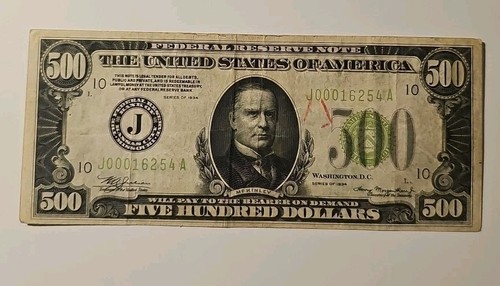 FR. 2201-J 1934 $500 LIGHT GREEN SEAL FRN KANSAS CITY, MO