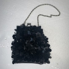 Bijoux Terner Black Beaded Dangle Round Disc Evening Bag Prom Formal Kiss Lock