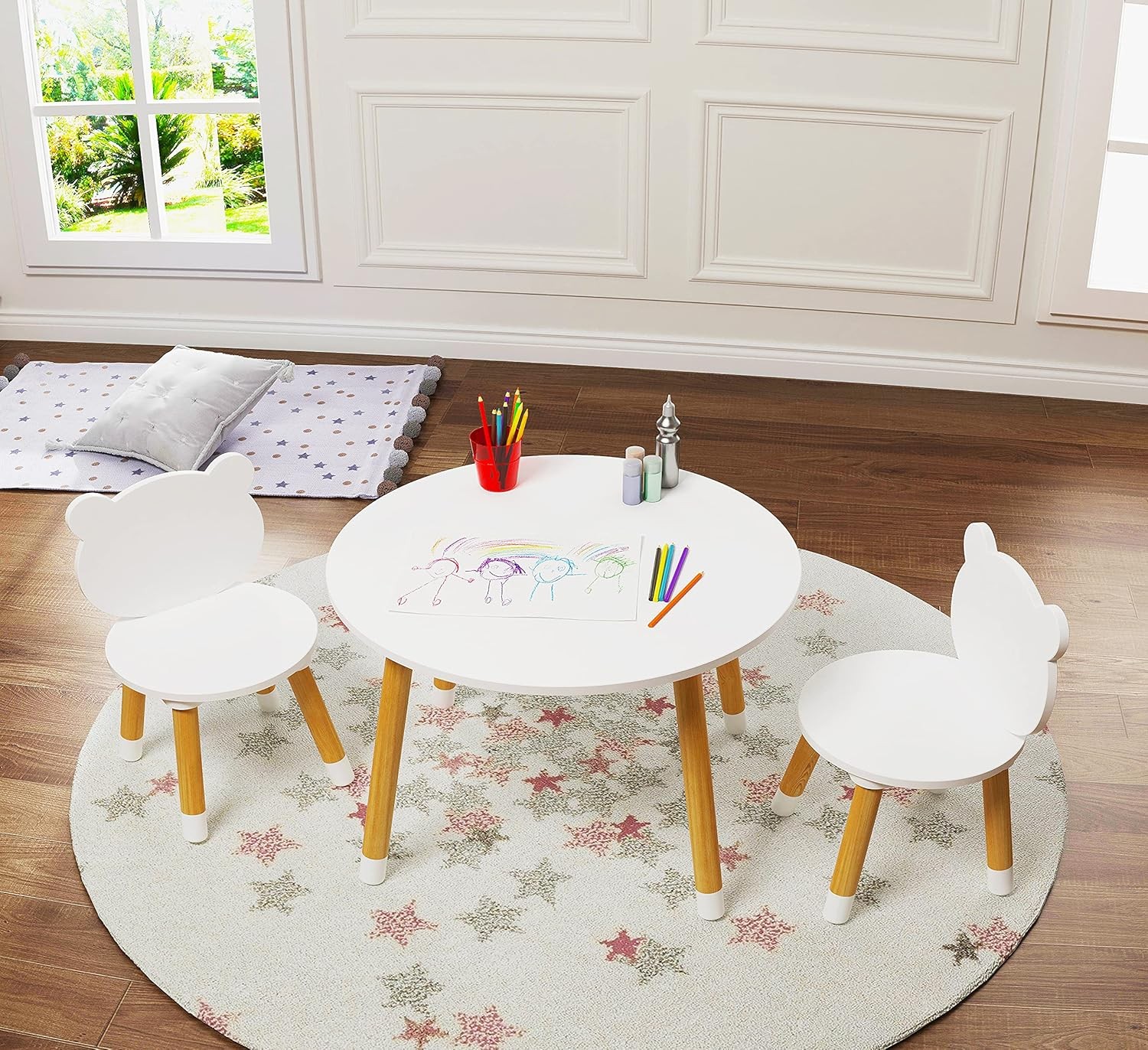 UTEX White Round Kids Wood Table and Chair Set with Bear Chairs