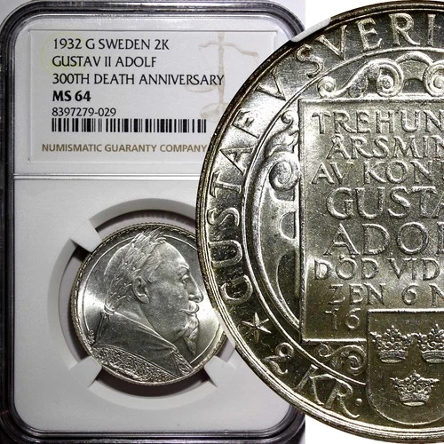 SWEDEN Silver 1932 G 2 Kronor NGC MS64 Death of Gustaf II Adolf BU KM# 805 (029)