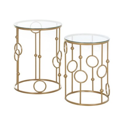HOMCOM 2er Set Satz Couchtisch, Beistelltische mit Glasplatte, goldfarben