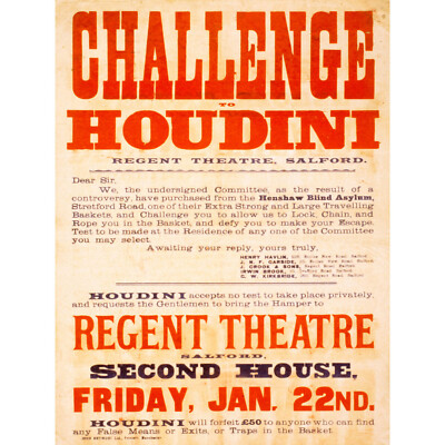 WERBUNG AUSSTELLUNG HERAUSFORDERUNG HOUDINI ESKAPOLOGE SALFORD REGENT THEATER UK