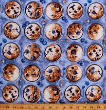 Cotton Blueberry Muffins Tin Food Blueberries Fabric Print by the Yard D569.73
