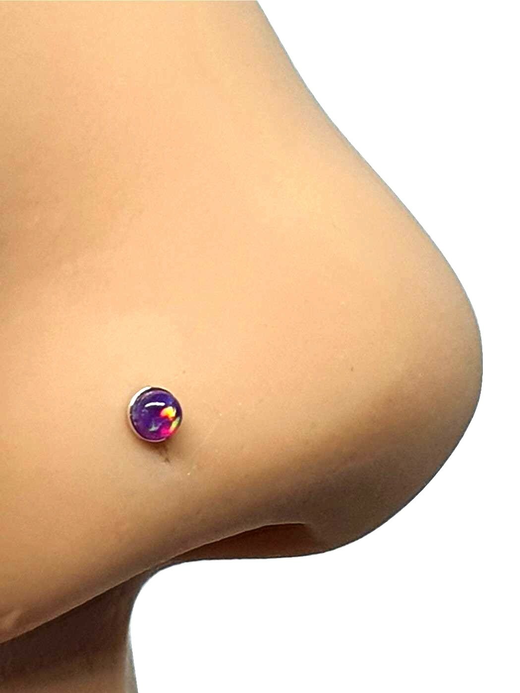 Opal Nose Stud Purple Gemstone 22g (0.6mm) 925 Silver Straight L Bendable Stud