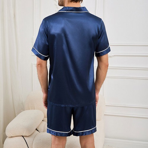 Lässiger Herren Seide Satin Pyjama Set Oberteil und Shorts Nachtwäsche Nachtwäsche Pyjama  - Bild 17 von 28