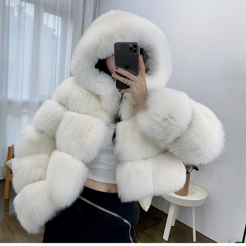 Luxury Genuine Fox Fur Jacket Women Cropped Coats Winter Hood