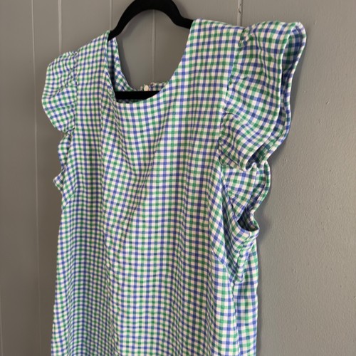 Elle gingham ruffle sleeve shift dress XL green blue white check summer picnic - Picture 2 of 10