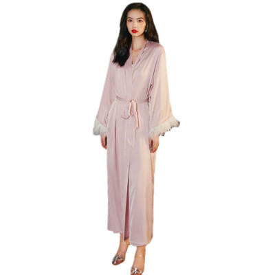 Lady Satin Kimono Bathrobe Long Dressing Gown Belt Faux Fur Sleeve Sleepwear | eBay Lady Satin Kimono Bathrobe Long Dressing Gown Belt Faux Fur Sleeve Sleepwear | eBay