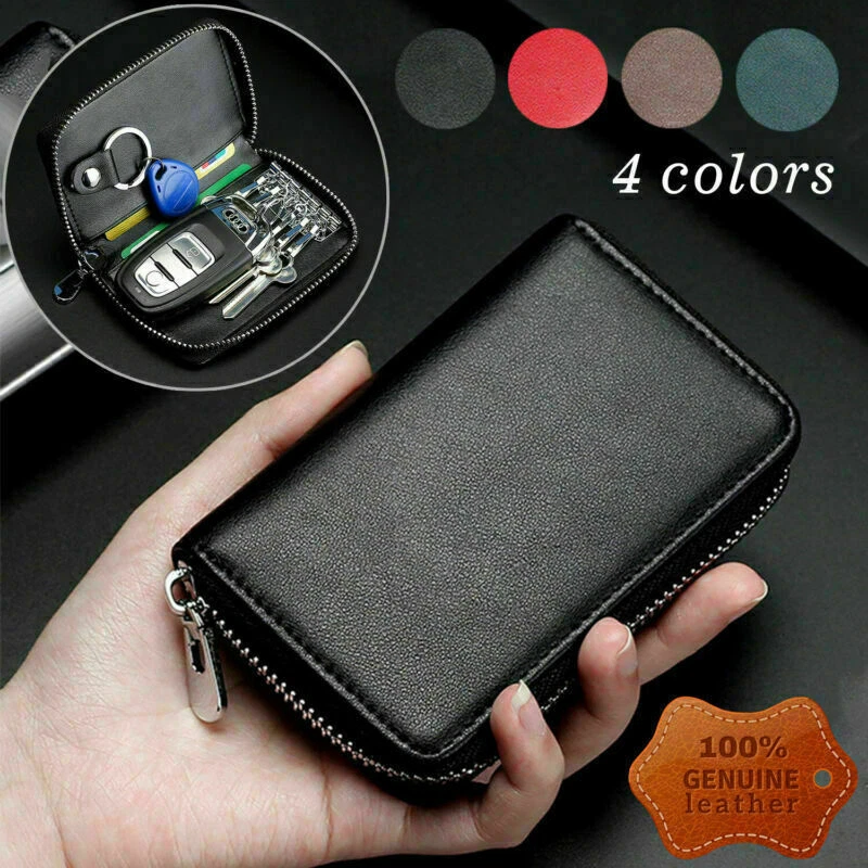 Genuine Leather Wallet Car Key Holder Case Keychain Bag Zip Pouch with Card  Slot