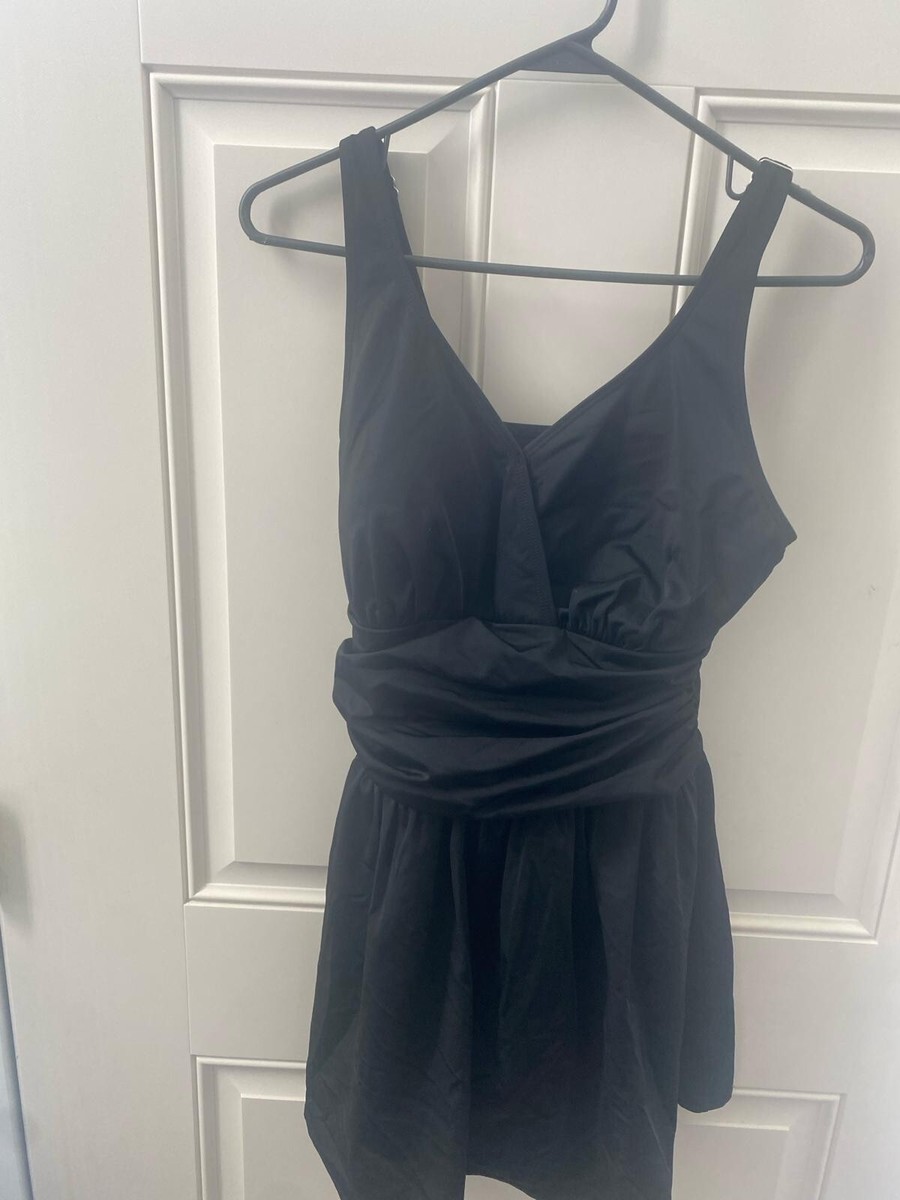 D & CO. BEACH Women One Piece Black Ruched Flare Skirt Swimsuit Dress 12 NWOT