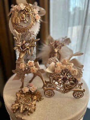 Chris MAGIC FOREST set of 9 Christmas ornaments in ivory velvet with gold decore