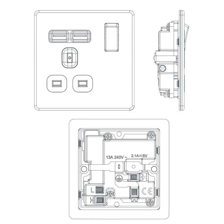 Single 1 Gang Wall Socket 13A With Twin USB Charger Port Plug Switched Socket - Image 4 of 4