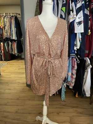 Princess Polly Rose Gold Long Sleeve Wrap Sequin Short Dress Size 8