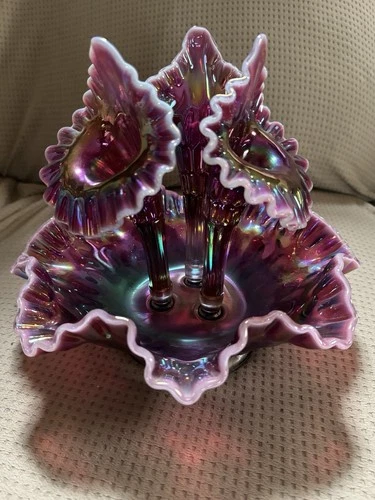 Vintage Fenton Carnival Glass Epergne – Plum Opalescent Thumbprint Pattern