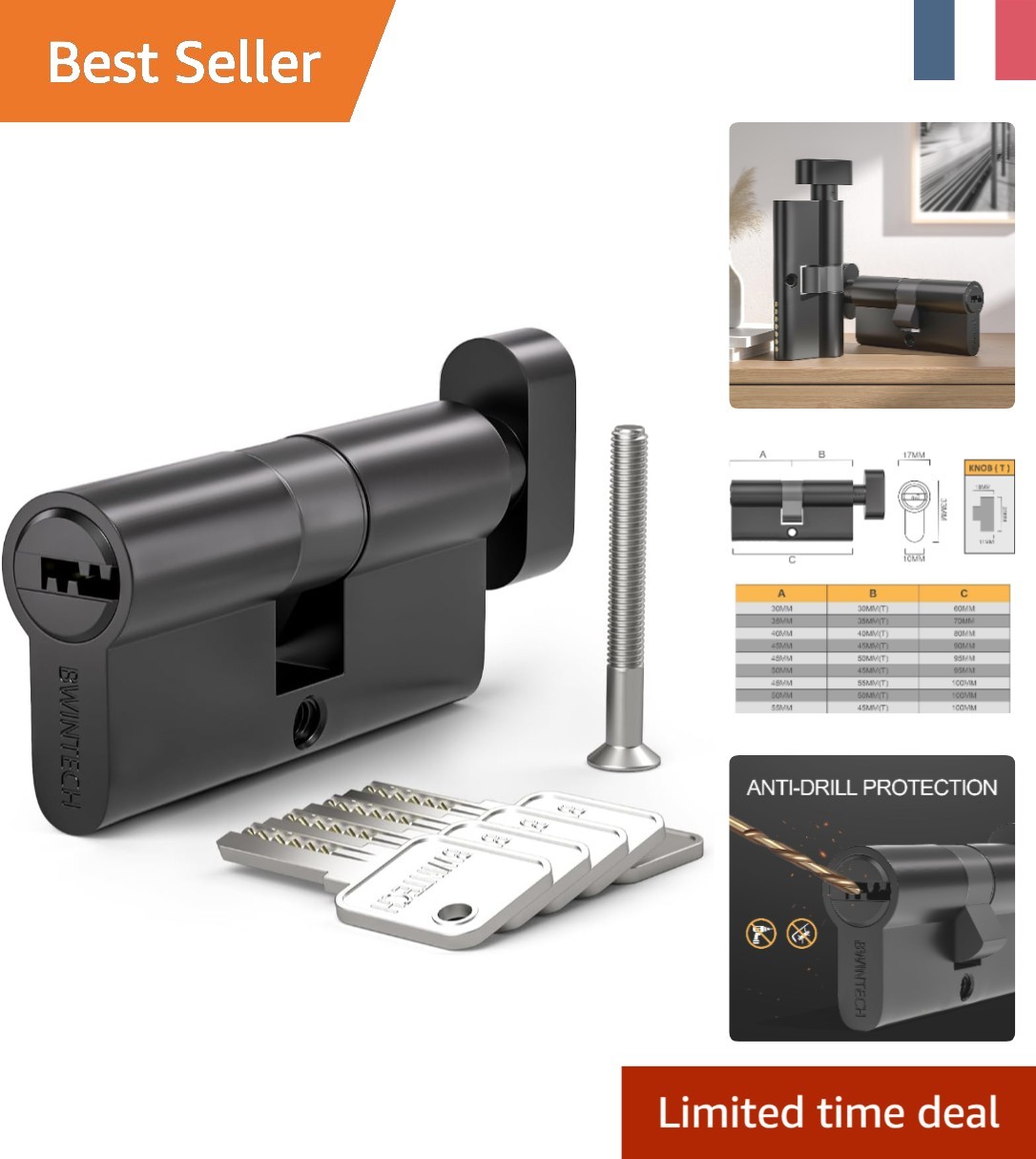 Cylindre en Laiton 45T/55 mm Bwintech pour Porte d'Entrée
