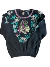 Work In Progress Gladys Bagley Womens Silk Angora Sequin Floral Sweater Size S
